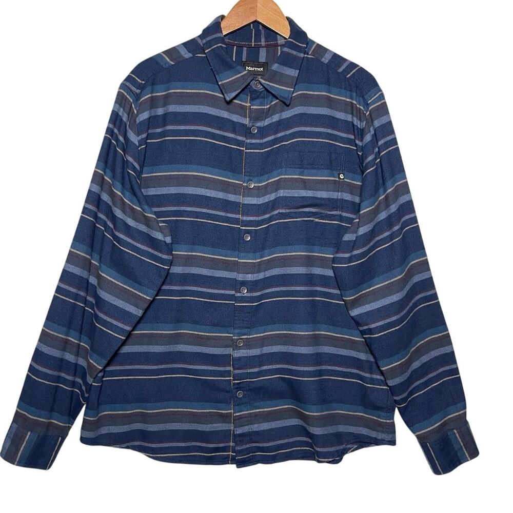 MARMOT Men’s Enfield Flannel Long Sleeve Button Up Blue Striped Shirt